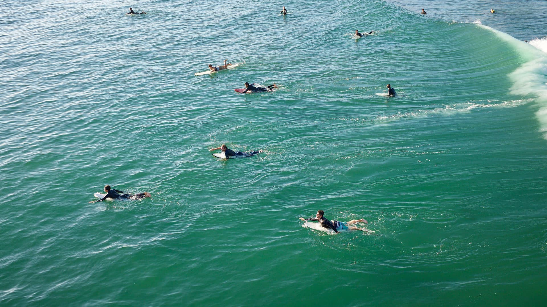 Surfers paddling